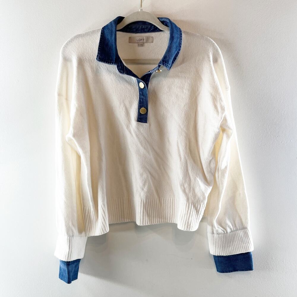 LOFT Denim Collar Henley Long Sleeve Sweater Cream Blue Small - Picture 2 of 5
